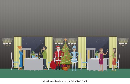 Vector illustration of New Years Eve celebration at restaurant with Santa Claus and Snow Maiden. People with glasses of champagne and sparklers. New Years party concept design element, flat style