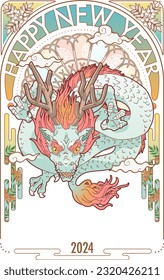 Vector illustration of a New Year's greeting card for the year of the dragon 2024 with the words "Happy New Year". art nouveau style.