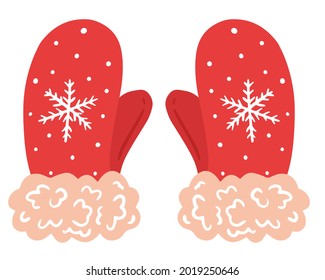 Vector illustration of New Year's mittens. Christmas accessories. A pair of red mittens with snowflakes. Cartoon. hand drawing