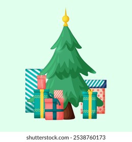 Vector illustration of a New Year's painted tree, with holiday gifts wrapped in gift paper and decorated with a bow, standing around the tree. White-green, blue, green, red colors are used.