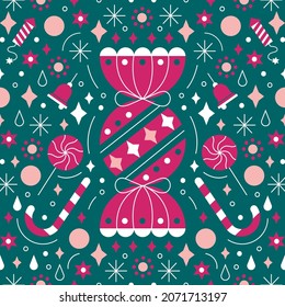 Vector illustration of a New Year's pattern in a flat style. A concept for postcards, wrapping paper, social media.