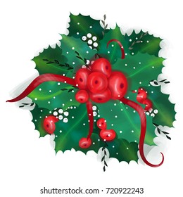 Vector illustration. New Year's plant holly ribbon berries greens