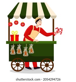 vector illustration of a New Year's stall counter with a seller holding candy canes, isolated on a white background