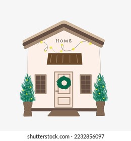 Ilustración vectorial al estilo de Año Nuevo. Casa beige con un jardín y árboles de Navidad. Casa de Año Nuevo. Casa de pan de jengibre.