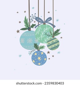 Vector illustration of New Year's sweets and toys. Christmas bells in the branches of fir trees. Christmas balls on the Christmas tree.