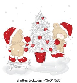 Vector illustration. New Year's. Teddy bear with a Christmas tree.