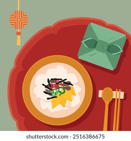 Vector Illustration of New Year's Traditional Food: Tteokguk in Brass Bowl on Soban and gift