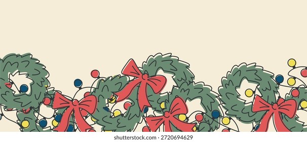 Ilustración vectorial. Corona de Año Nuevo con guirnaldas, decoraciones de Navidad. Diseño moderno. Anuncio, cubierta, fondo.