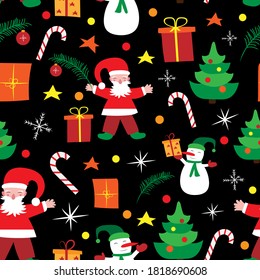 Vector illustration of the new year.Seamless pattern with Santa Claus, snowmen, gifts, Christmas trees for printing, packaging, textiles and other design.