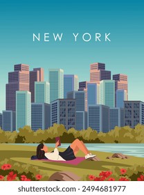 Ilustración vectorial. Nueva York, Central Park, chica en el césped leyendo un libro. Cartel, Anuncio, postal, portada. Estilo moderno. Turismo.