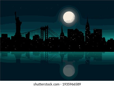 vector illustration of New York City at night with stars and fool moon