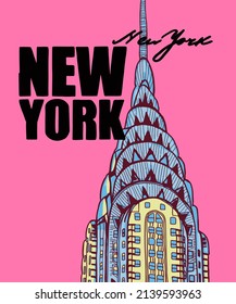 Vektorgrafik von Skyline-Anmerkungen der Stadt New York, verschiedene Wahrzeichen von New York, USA. New Yorker Stadtbild für Poster und Postkarten auf rotem Hintergrund. Amerika