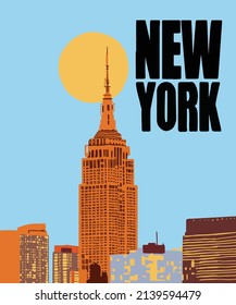 Vector illustration of New York city skyline annotations, various landmarks of New York, USA. NY cityscape for poster and postcards on red background. America