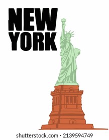 Vector illustration of New York city skyline annotations, various landmarks of New York, USA. NY cityscape for poster and postcards on red background. America