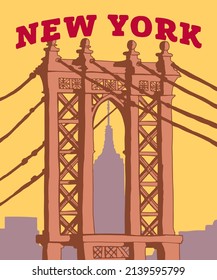 Ilustración vectorial de las anotaciones en el perfil de la ciudad de Nueva York, varios monumentos de Nueva York, Estados Unidos. Puente de NY para afiches y postales sobre fondo rojo. América