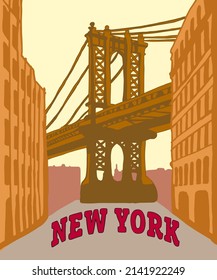 Ilustración vectorial de las anotaciones en el perfil de la ciudad de Nueva York, varios monumentos de Nueva York, Estados Unidos. Puente de NY para afiches y postales sobre fondo rojo. América