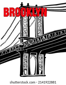 Vector illustration of New York city skyline annotations, various landmarks of Brooklyn, USA. NY bridge for poster and postcards on red background. America