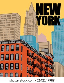 Ilustración vectorial de las anotaciones en el perfil de la ciudad de Nueva York, varios monumentos de Nueva York, Estados Unidos. Nuevo paisaje urbano para afiches y postales sobre fondo rojo. América