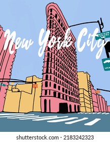 Vektorgrafik von Skyline-Anmerkungen der Stadt New York, verschiedene Wahrzeichen von New York, USA. New Yorker Stadtbild für Poster und Postkarten auf rotem Hintergrund. Amerika