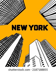 Ilustración vectorial de las anotaciones en el perfil de la ciudad de Nueva York, varios monumentos de Nueva York, Estados Unidos. Nuevo paisaje urbano para afiches y postales sobre fondo amarillo. América