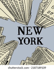 Ilustración vectorial de las anotaciones en el perfil de la ciudad de Nueva York, varios monumentos de Nueva York, Estados Unidos. Nuevo paisaje urbano para afiches y postales sobre fondo gris. América