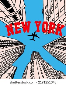 Vector illustration of New York city skyline annotations, various landmarks of New York, USA. NY cityscape for poster and postcards on blue background. America