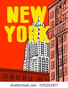 Ilustración vectorial de las anotaciones en el perfil de la ciudad de Nueva York, varios monumentos de Nueva York, Estados Unidos. Nuevo paisaje urbano para afiches y postales sobre fondo rojo. América