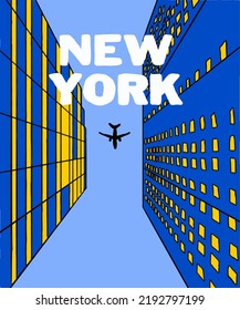 Vector illustration of New York city skyline annotations, various landmarks of New York, USA. NY cityscape for poster and postcards on blue background. America