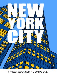 Vector illustration of New York city skyline annotations, various landmarks of New York, USA. NY cityscape for poster and postcards on blue background. America