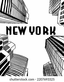 Vector illustration of New York city skyline annotations, various landmarks of New York, USA. NY cityscape for poster and postcards on grey background. America