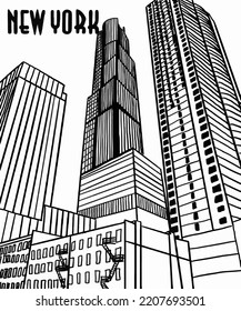 Vector illustration of New York city skyline annotations, various landmarks of New York, USA. NY cityscape for poster and postcards on grey background. America