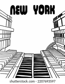 Vector illustration of New York city skyline annotations, various landmarks of New York, USA. NY cityscape for poster and postcards on grey background. America