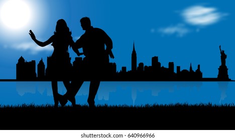 Vector illustration of New York with couple who dance.