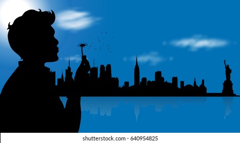 Vector illustration of New York with man.