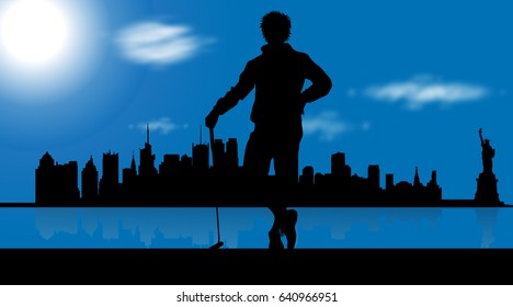 Vector illustration of New York with man who play golf.