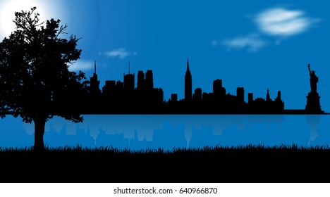 Vector illustration of New York on blue background.