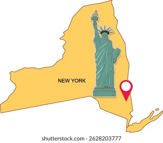 Vector illustration of New York state map highlighting the Statue of Liberty with a pinpoint marker