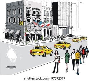 Vector illustration of New York street with traffic and people