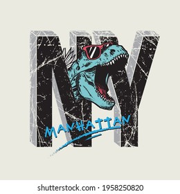 Vector illustration of New York typography with cartoon dinosaur t-rex