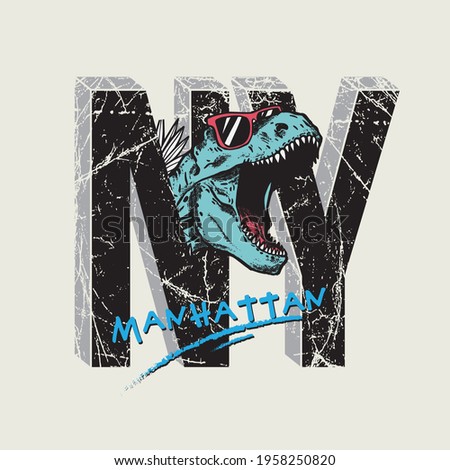 Vector illustration of New York typography with cartoon dinosaur t-rex