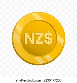 Vector illustration of New Zealand Dollar coin in gold color on transparent background (PNG).