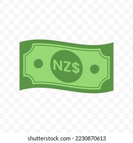 Vector illustration of New Zealand Dollar banknote in green color on transparent background (PNG).