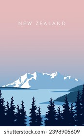 Vector illustration. New Zealand. Mountains, forest, fir trees. Design for print, wallpaper, poster, vertical banner, design for packaging.