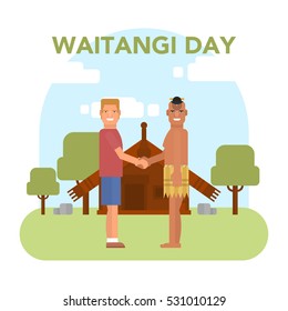 Vector illustration of New Zealand native inhabitant Maori which is shaking the hand of Britain subject on traditional Maori's house background. New Zealand Waitangi day topic.