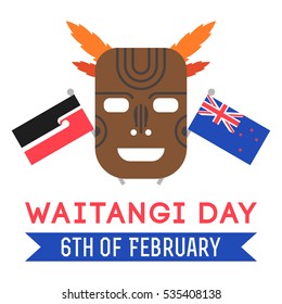 Vector illustration of New Zealand native inhabitant Maori's mask and British and New Zealand flags with lettering on white background. New Zealand Waitangi Day on the 6th of February.