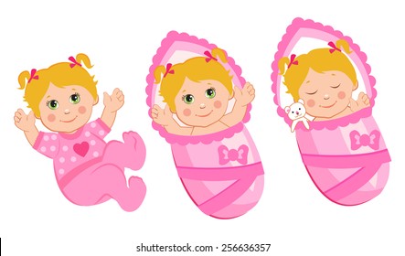 Vector Illustration of Newborn. Newborn Babies Girls Set. Baby Sleep, Smile, Plays. Newborn Babies Sleeping. Babies For Adoption. Babies Dolls. Newborn Babies Eyes. Newborn Girl Care.