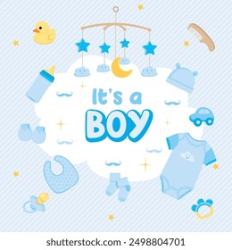 Vector illustration of newborn baby boy essentials collection