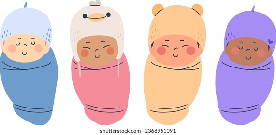 Vector illustration of Newborn baby diverse characters wrapped in blanket. Sleeping infant swaddled in cloth