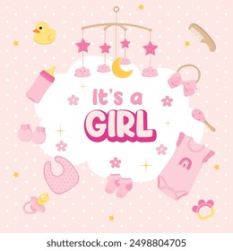 Vector illustration of newborn baby girl essentials collection