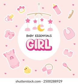 Vector illustration of newborn baby girl essentials sticker collection